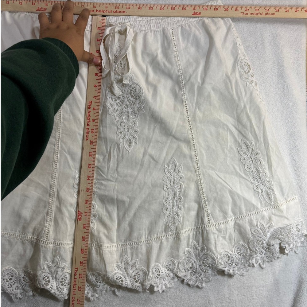 LRL XL White Knee-Length Skirt Bow Cotton Lace Embroidery Boho Fairy Cottage 70s - Picture 7 of 9